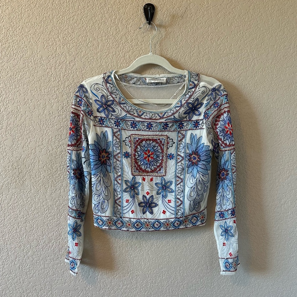 Zara Premium Denim Collection Long Sleeve Floral Top